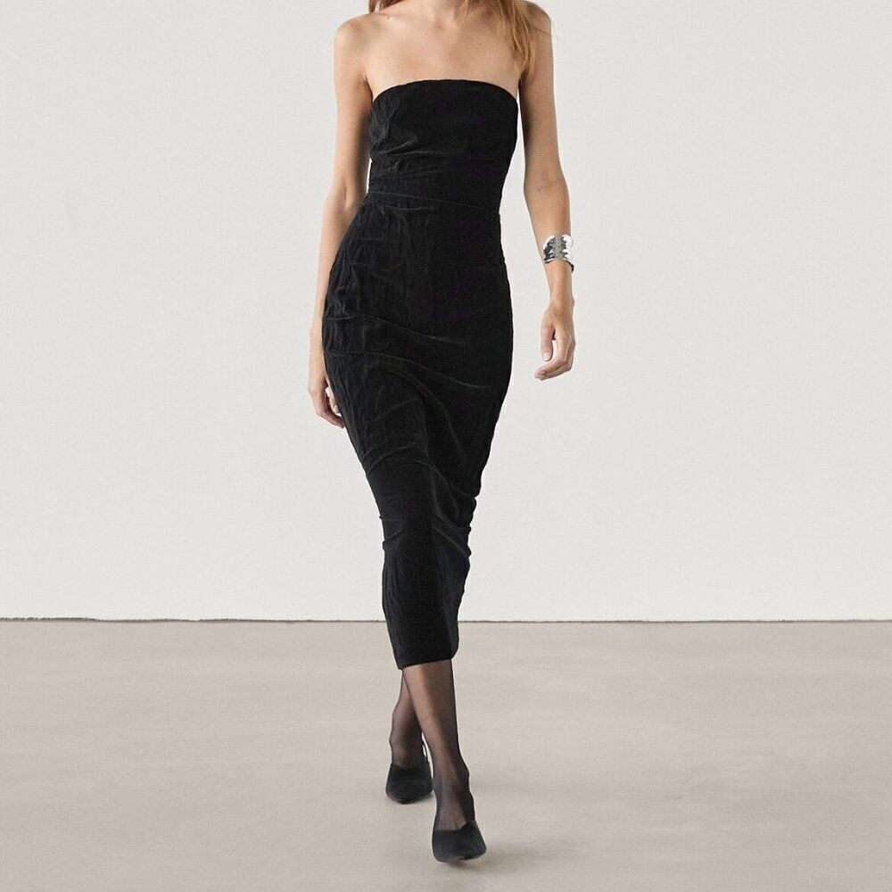 Massimo Dutti Womens Midi Velvet Dress EU 34 US 2 Black Strapless 6653/550 NWT